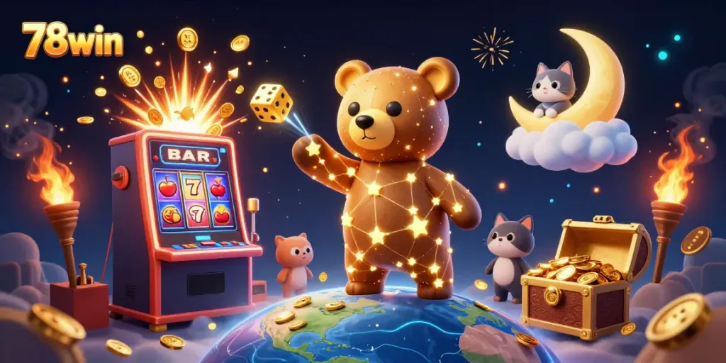 Play exciting casino games with 78win's colorful 3D cartoon illustration bursting with coins and rich elements.