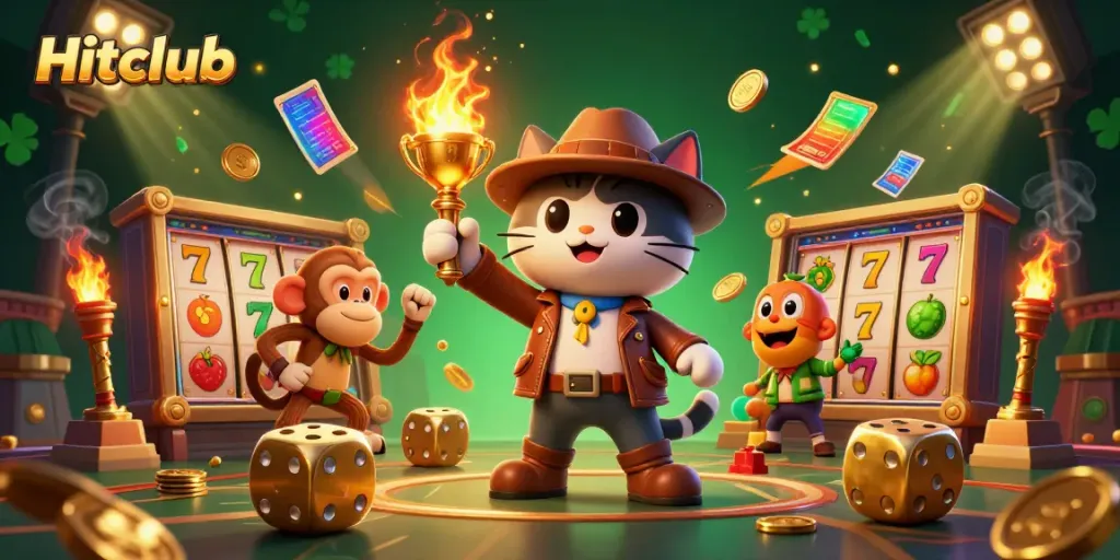 Hitclub engages players with dynamic slot excitement, featuring a treasure discovery scene.