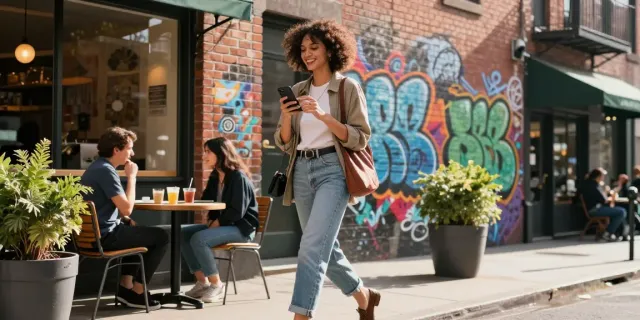 Vibrant urban scene of sarahmehu enjoying city life with stylish outfit.