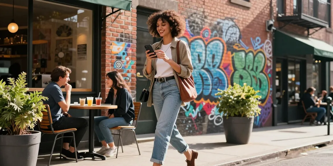 Vibrant urban scene of sarahmehu enjoying city life with stylish outfit.
