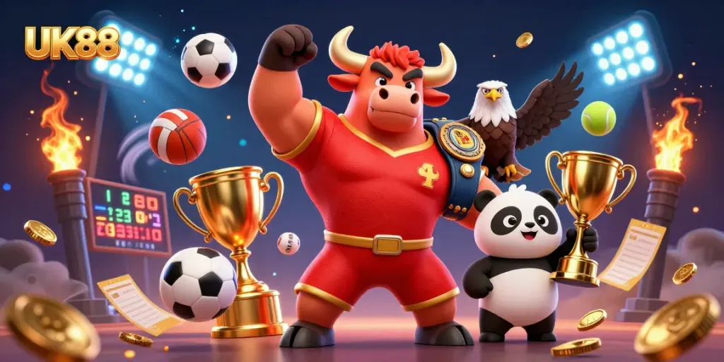 Engage with exciting UK88 sports betting action as the bull mascot celebrates victory with a trophy.