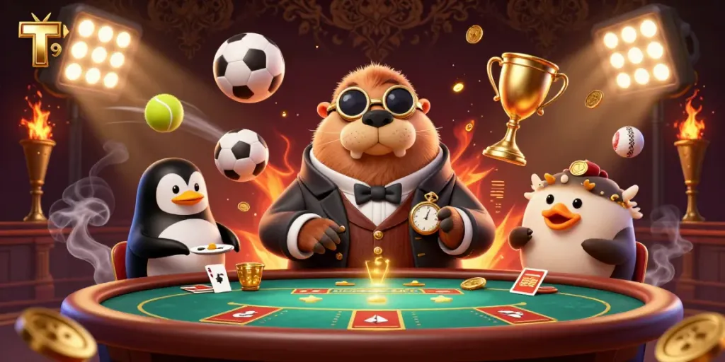 Experience thrilling casino fun with T19, featuring lively characters at an underwater poker table.