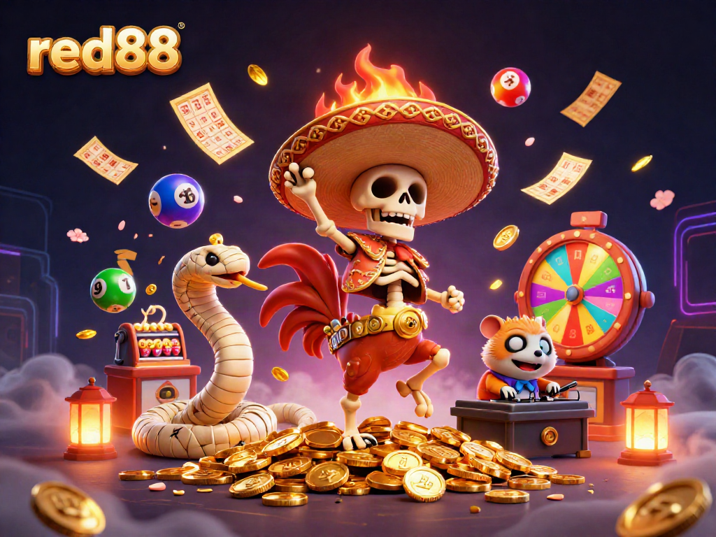 Experience the thrill of red88 as a mariachi rooster dances atop golden coins amidst vibrant casino elements.