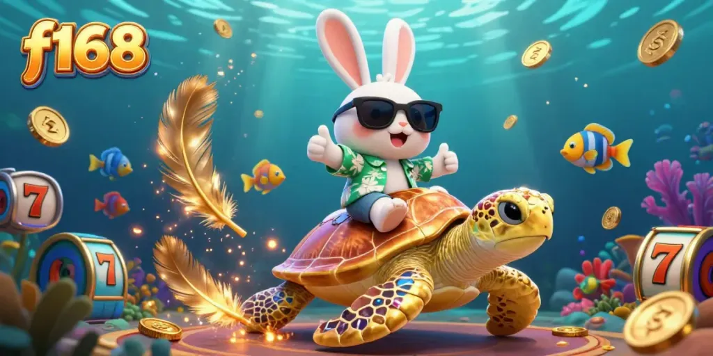 Join the fun with f168's lucky rabbit in a vibrant casino-themed underwater adventure!
