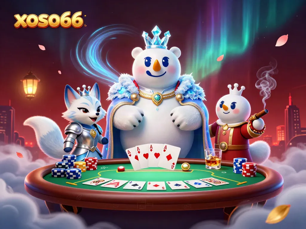 Engage in thrilling poker action with xoso66's vibrant illustration featuring a royal polar bear and a silver fox.