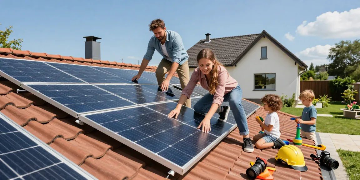 Family installing panouri fotovoltaice on roof for sustainable energy.