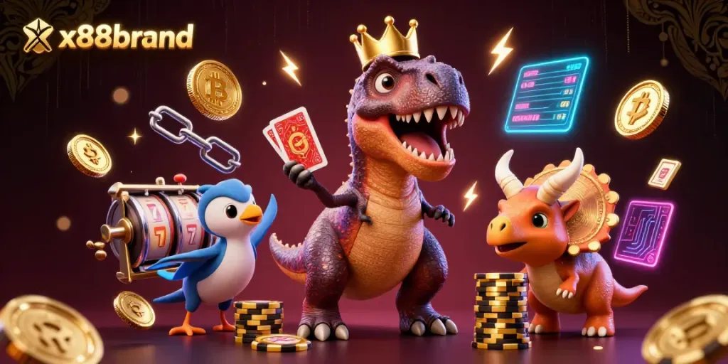 Engage with the thrilling xx88brand casino adventure, featuring a T-Rex and crypto element interactions.