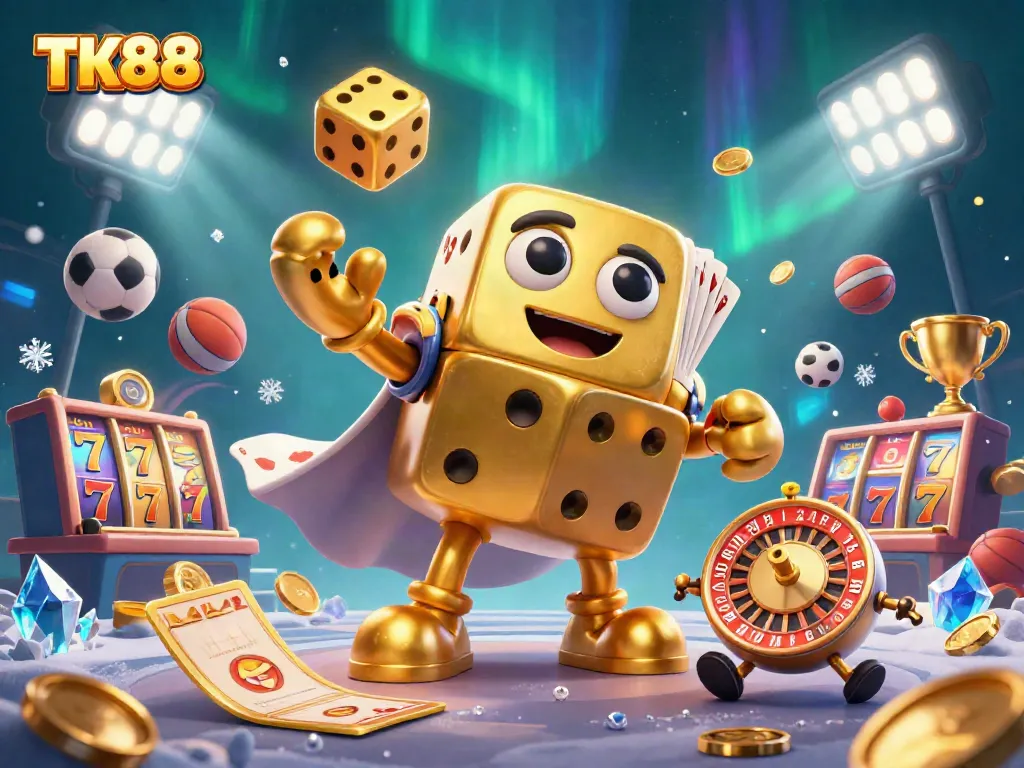 Experience the excitement of TK88 with a lively 3D illustration showcasing dynamic gambling elements and characters.
