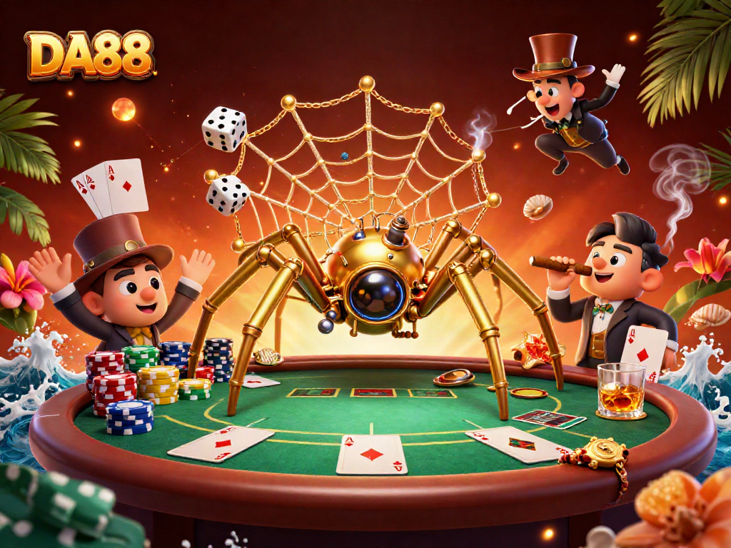 DA88 provides a vibrant poker experience with a golden spider illustration capturing critical moments.