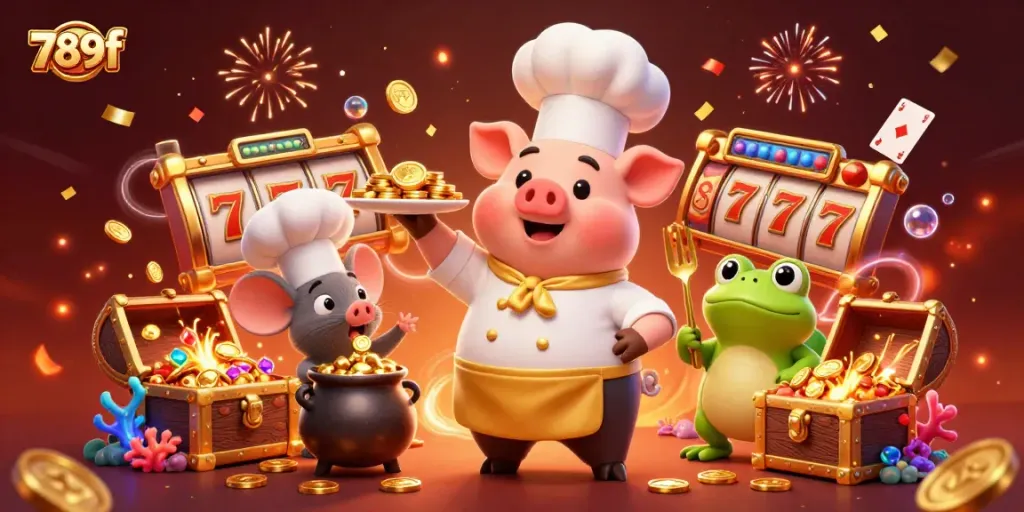 Engage with 789f as a 3D cartoon chef delivers gold coins in an exciting casino atmosphere.