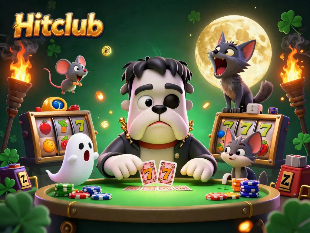 Hitclub features a lively 3D scene with Frankenstein bulldog dealer, a ghost mouse, and werewolf kitten, amidst vibrant slot symbols.
