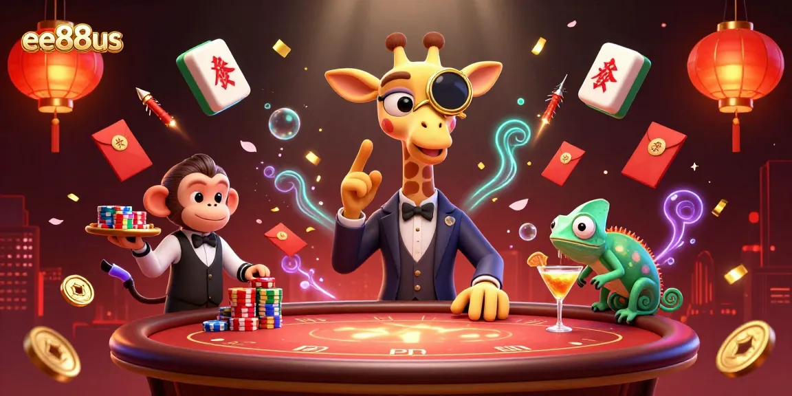 Experience gaming excitement with ee88us as high-roller giraffe and friends celebrate at a VIP poker table.