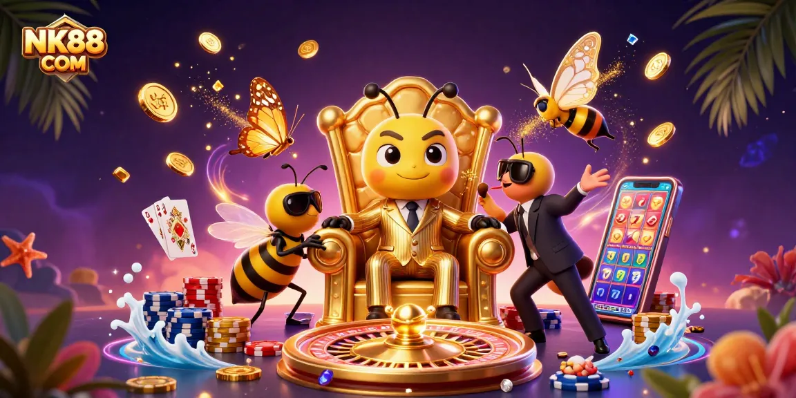 Experience excitement with NK88 COM as cartoon characters engage in a vibrant casino scene.