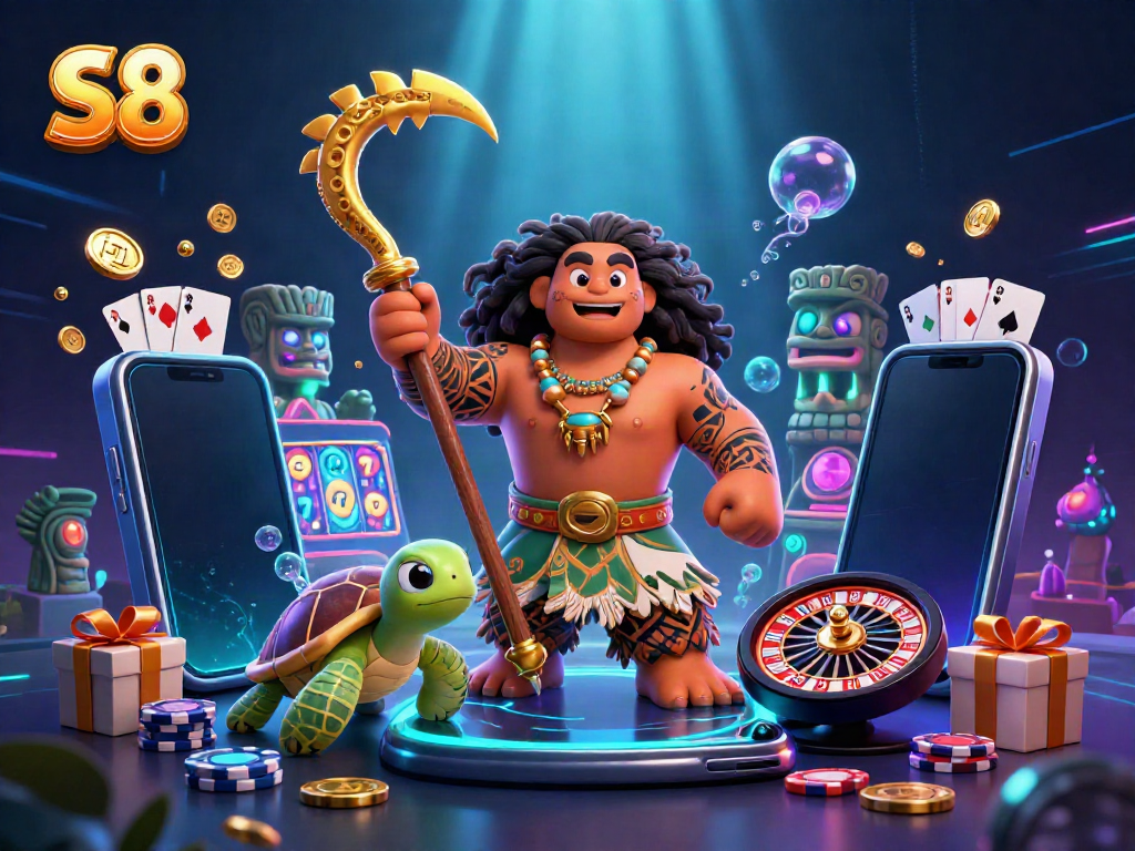 Engage with S8's colorful slot game illustration, featuring a demigod hawk and turtle amidst casino elements.