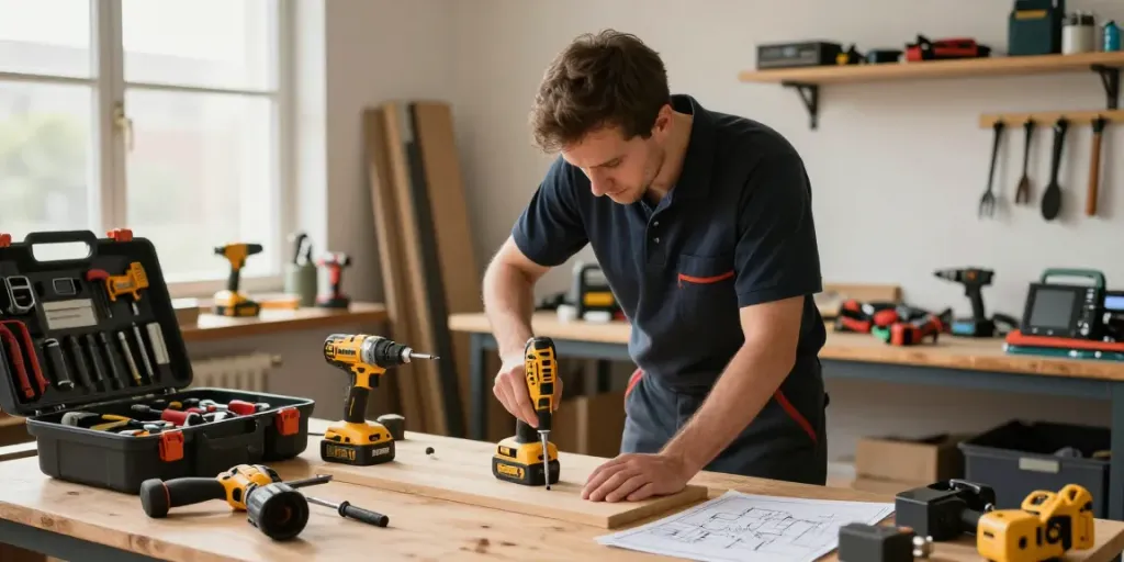 Utilizzo di un avvitatore Dewalt in un laboratorio con attrezzature professionali.