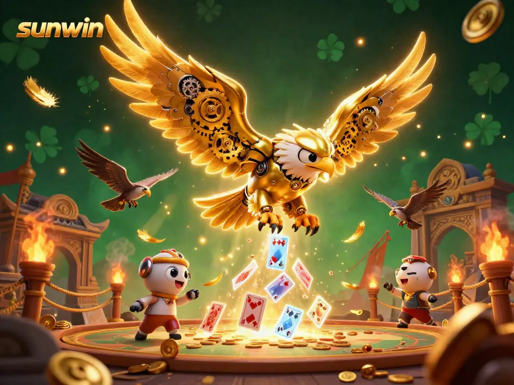 Experience thrilling gaming action at Sunwin with a cybernetic eagle amidst dynamic casino elements and golden accents.