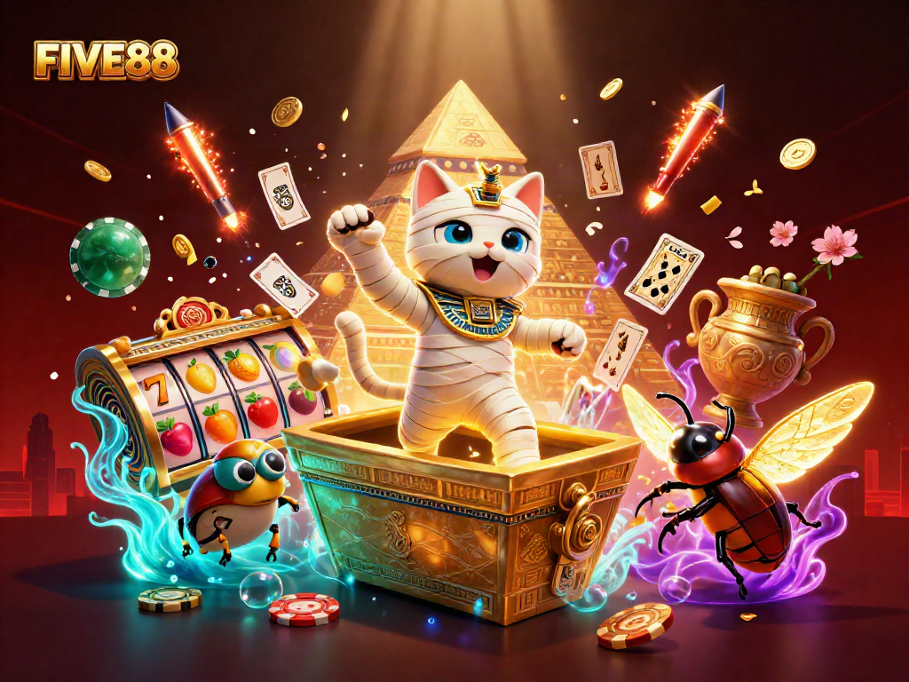 Experience excitement with FIVE88 as an Egyptian mummy cat and scarab beetle create thrilling slot moments.