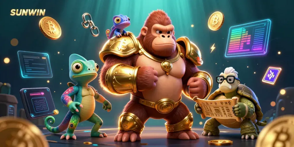 Join SUNWIN's powerful characters in a vibrant casino adventure filled with crypto elements.