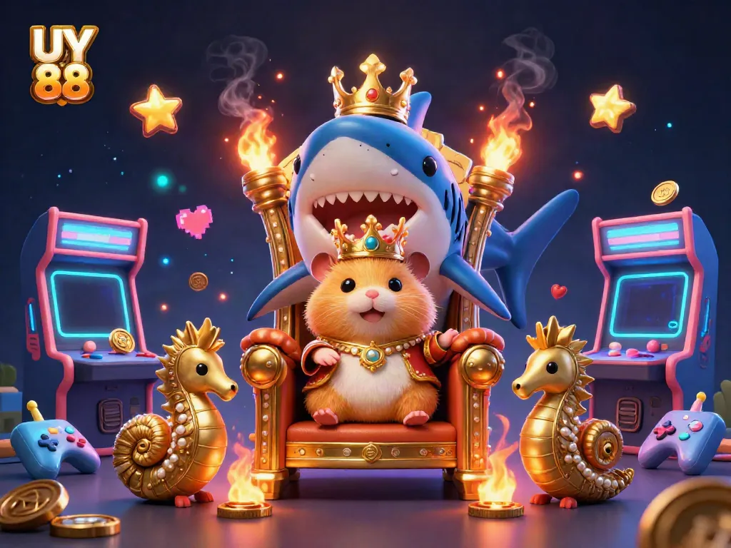 Engage in exciting gaming adventures with UY 88's vibrant digital illustration featuring a hamster king and gambling elements.