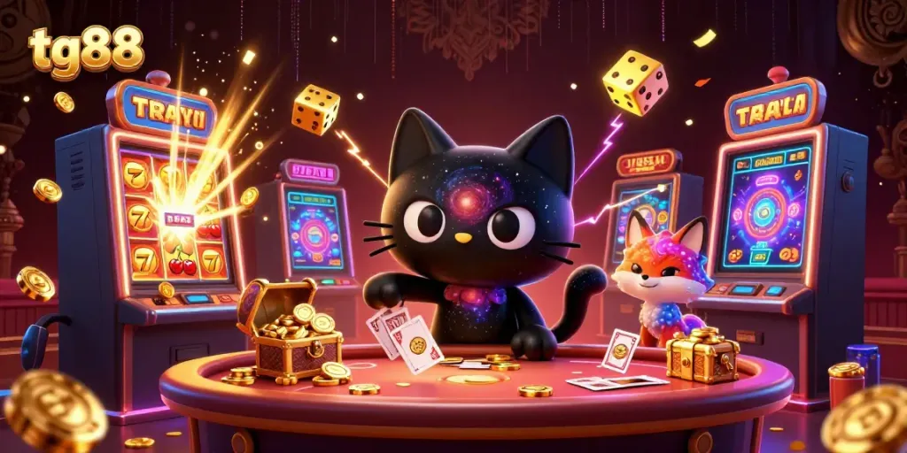 Experience the excitement of tg88 with a cosmic casino scene featuring enchanting characters, spinning slots, and jackpots.