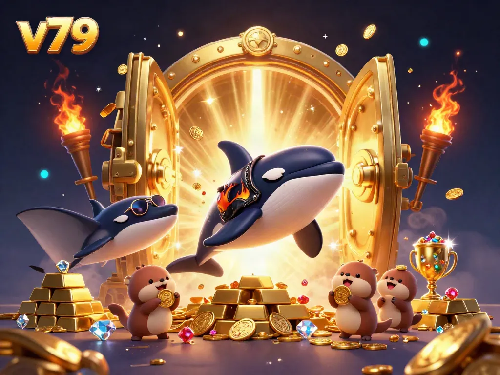 Experience the excitement of v79 with casino-themed characters and treasure in a vibrant 3D illustration.