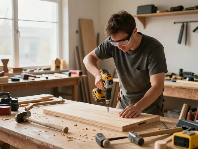 Artigiano che utilizza un avvitatore DeWalt in un laboratorio di falegnameria
