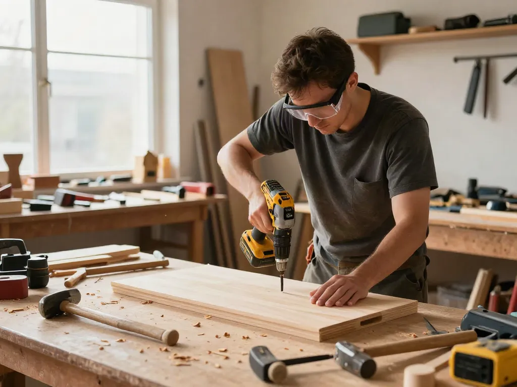 Artigiano che utilizza un avvitatore DeWalt in un laboratorio di falegnameria