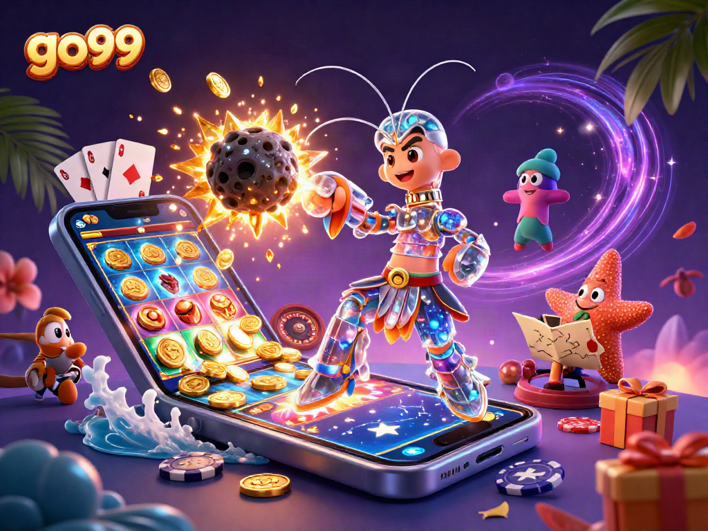 Engage with go99's vibrant 3D casino world featuring explosive gems, slot games, and starry adventures.