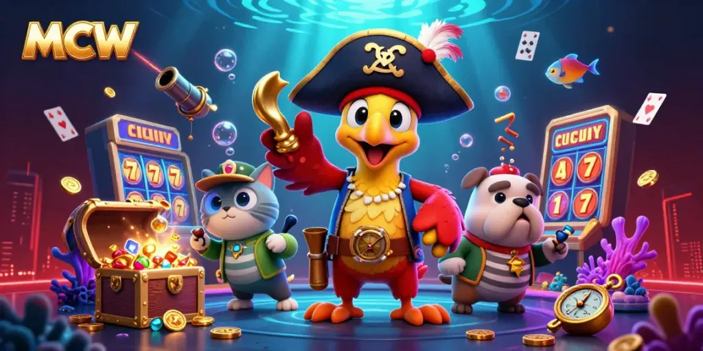 Experience thrilling moments at MCW with a pirate captain, bulldog, and cat amid vibrant casino games.