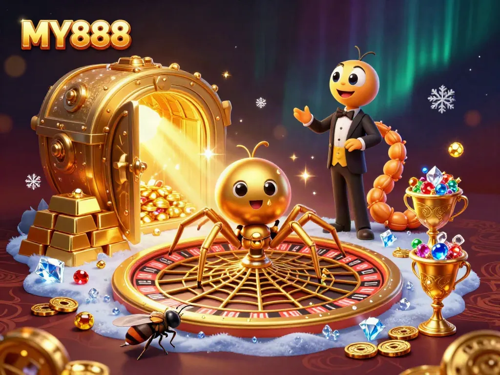 Experience thrilling bets at MY888 with a golden spider croupier and dynamic casino elements.