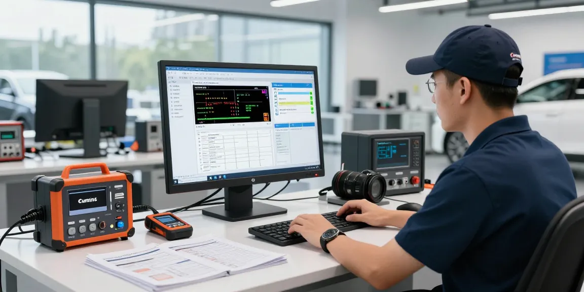 Cummins INSITE software in use at a professional diagnostic workstation with advanced automotive tools.