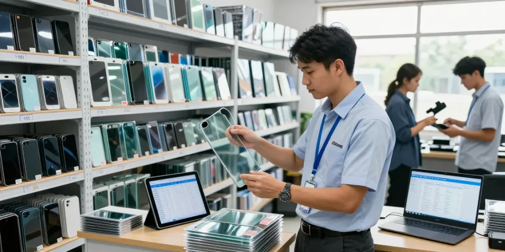 Mobile Tempered Glass Wholesale in a vibrant warehouse setting with professionals analyzing stock and managing inventory.