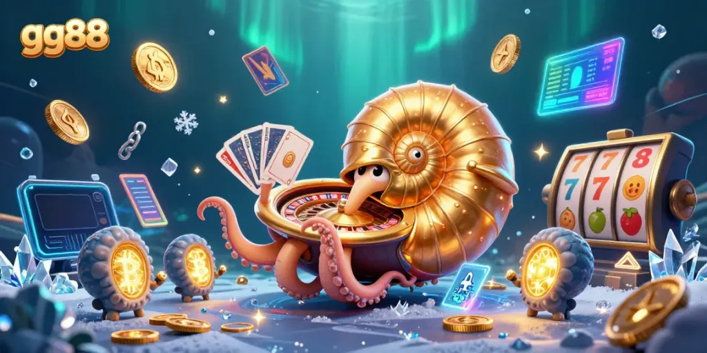 Experience engaging gaming with gg88, featuring a giant nautilus as a roulette wheel amidst shining Bitcoin and Ethereum.