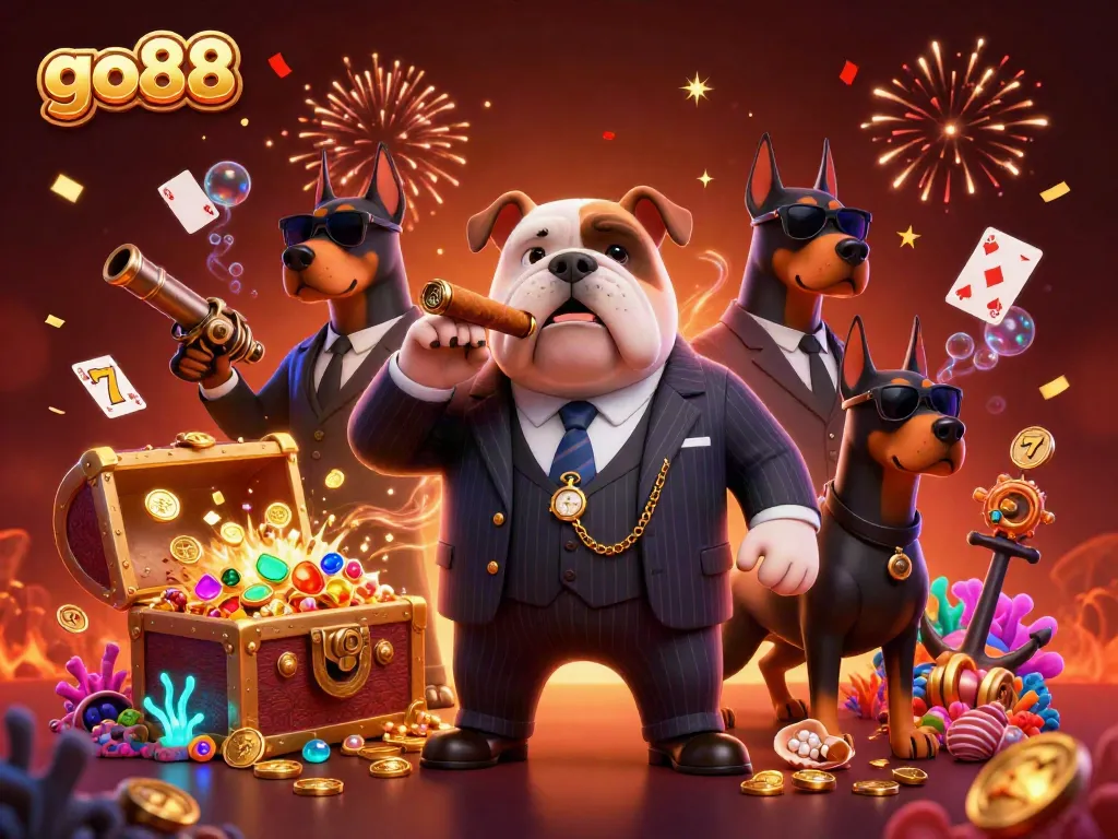 Witness the energetic go88 casino scene as a mafia bulldog leads the charge with bodyguard Dobermans, surrounded by slots and treasure.