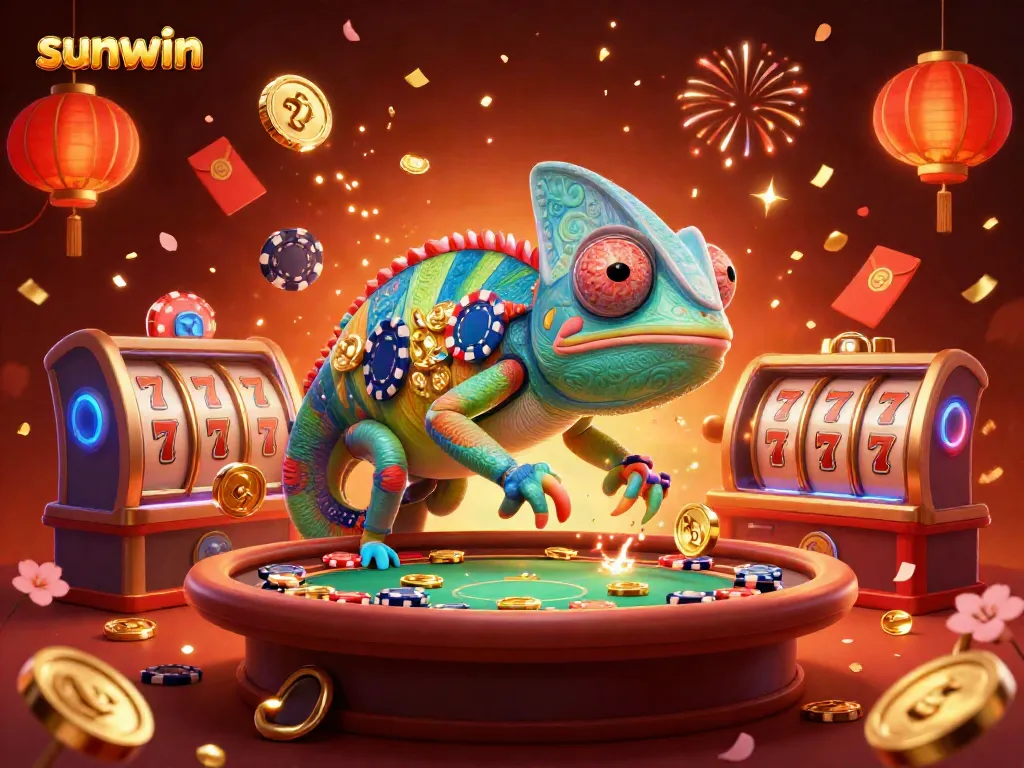 Experience the vibrant energy of sunwin with a lively chameleon casino owner amidst festive gaming elements