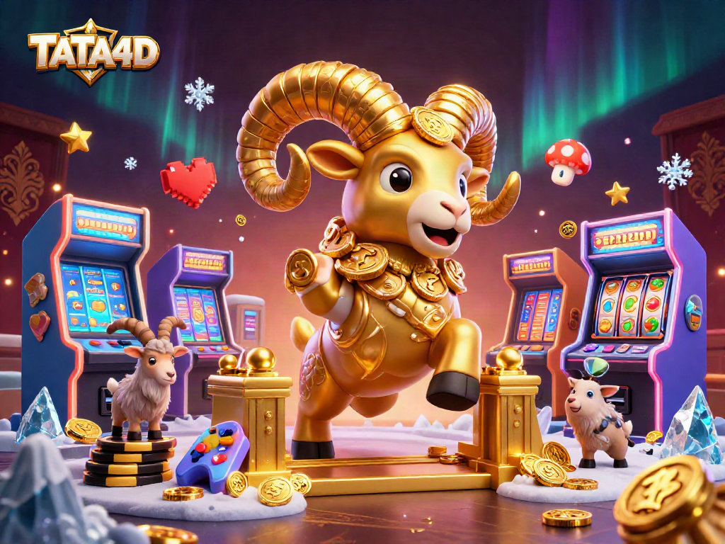 TATA4D engages players with exciting golden ram and slot symbols in a vibrant casino scene.