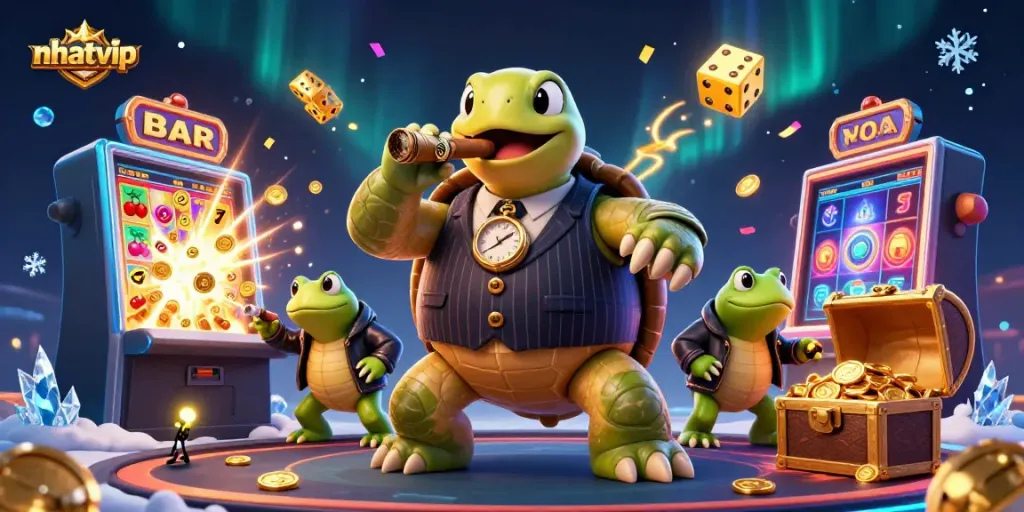 Nhatvip welcomes players with captivating slot experiences alongside lively characters in a vibrant casino setting.