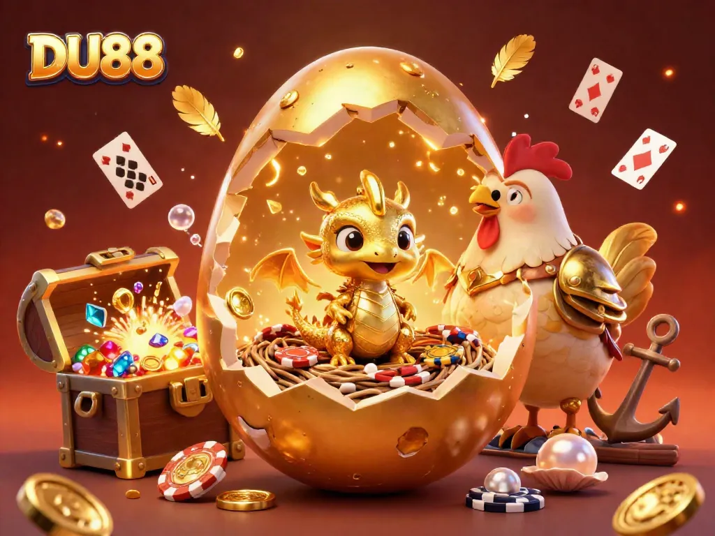 Experience thrilling winning moments at DU88 with the golden baby dragon among poker chips and treasure!