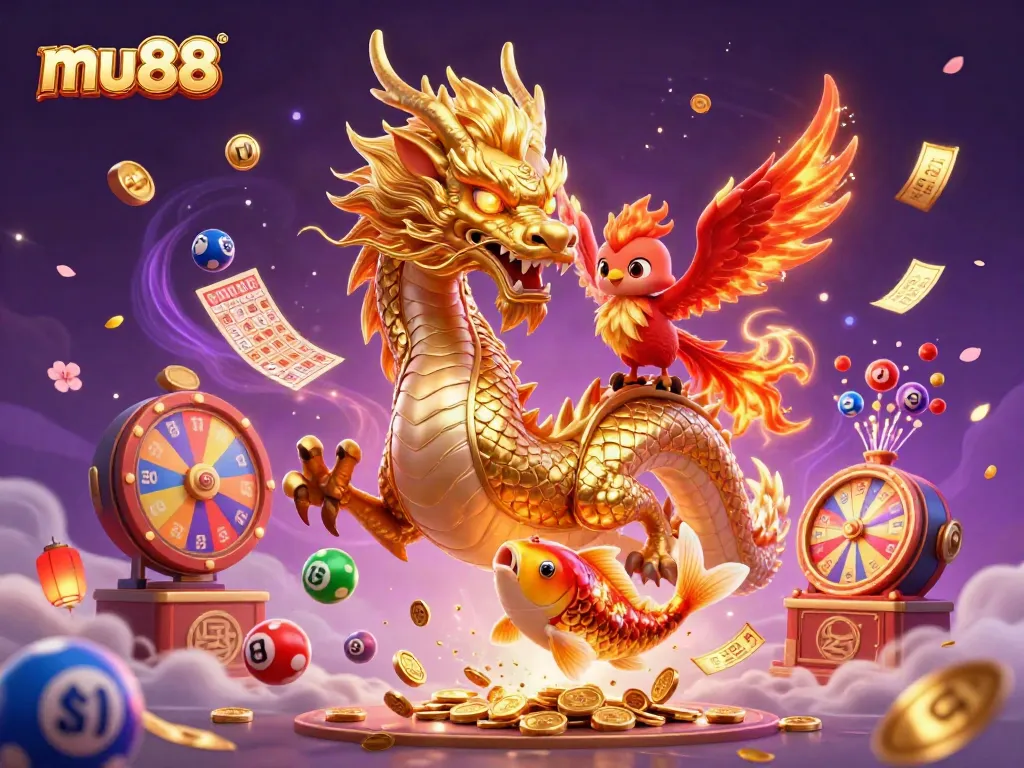 Engage in thrilling gameplay at mu88 with a vivid depiction of the golden dragon and phoenix amidst lottery elements.