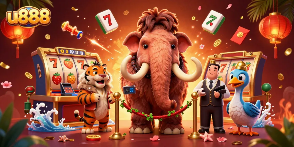 Join the fun at u888 as a woolly mammoth bouncer checks IDs amidst vibrant casino action.