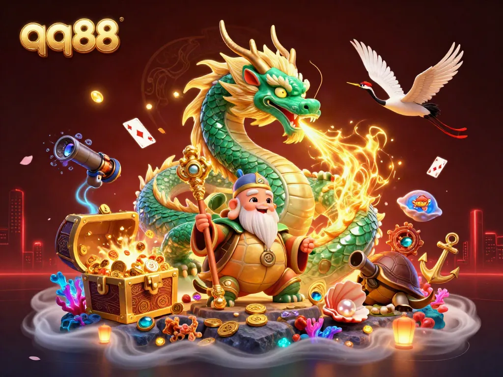 Engage with qq88's thrilling online casino action featuring an emerald jade dragon, a turtle sage, and lucky cranes.