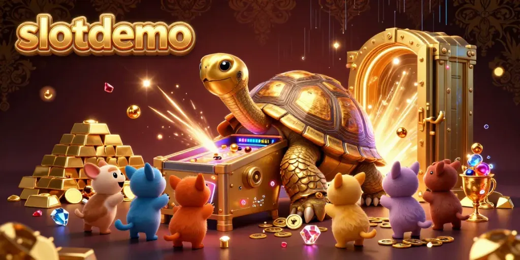 Engage with the slotdemo platform, featuring a colossal golden tortoise pinball machine amid treasure and gems.