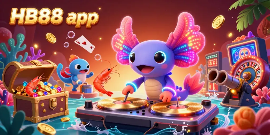 Experience gambling excitement with the HB88 app featuring a colorful underwater casino scene with vibrant characters and elements.