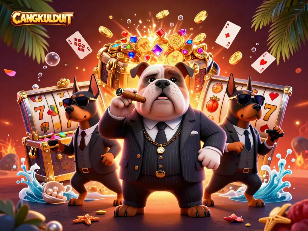 CANGKULDUIT showcases a dynamic casino scene with a mafia bulldog and bodyguards celebrating on slot reels.