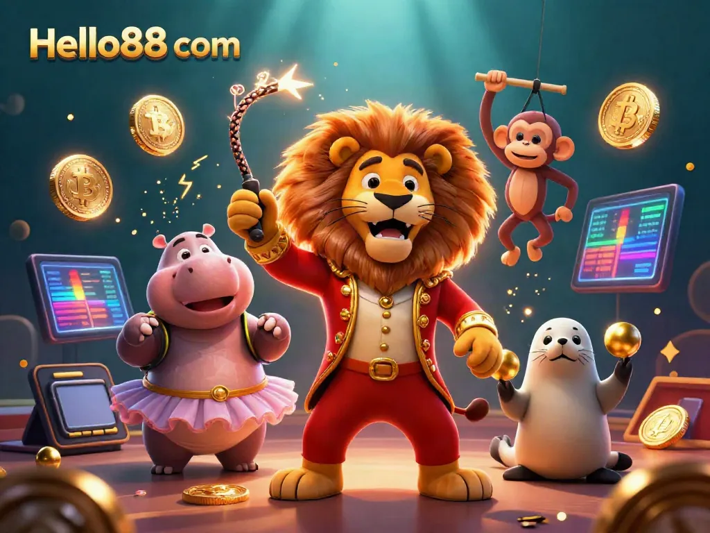 Engage in the vibrant world of Hello88 com with a dynamic 3D casino scene featuring fun characters and glowing crypto elements.