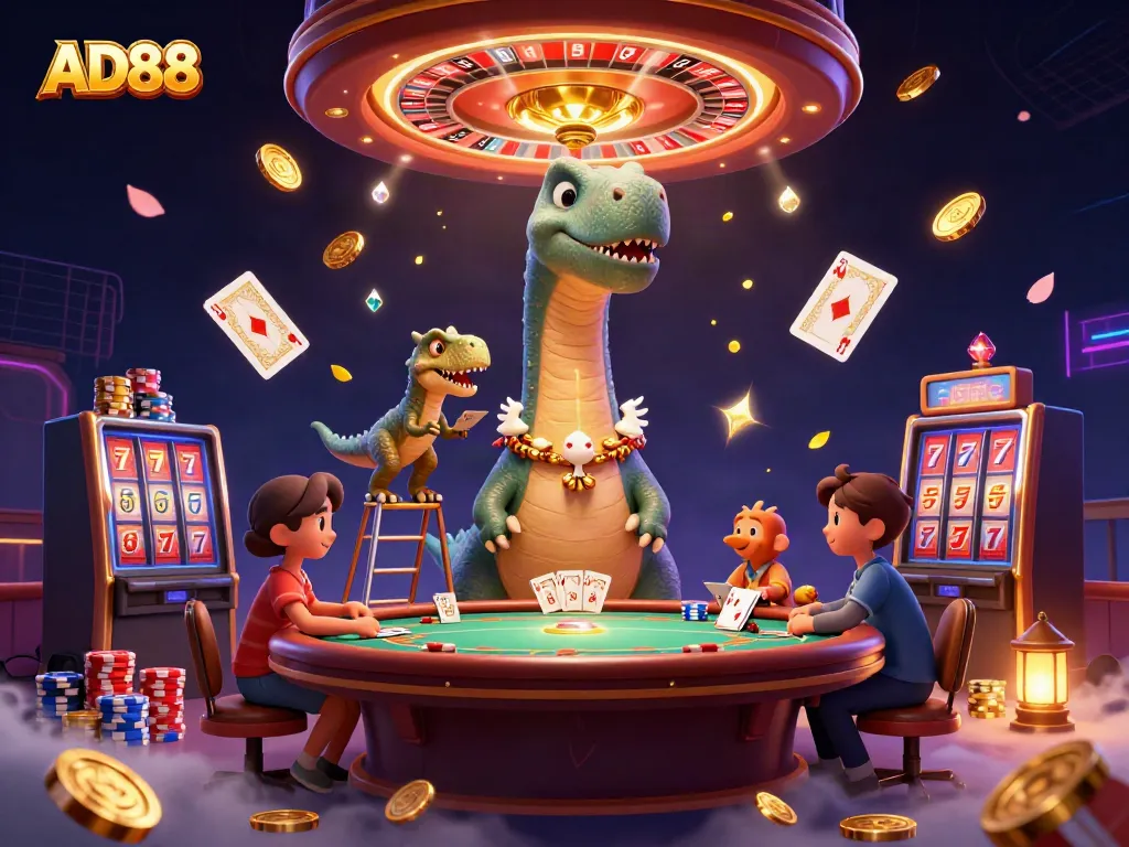 Experience the dynamic gameplay of AD88 with a massive brontosaurus and raptor dealer surrounded by casino elements.