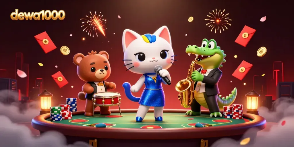 Dewa1000 offers a vibrant casino scene with a singing cat, saxophone crocodile, and drumming bear cub.