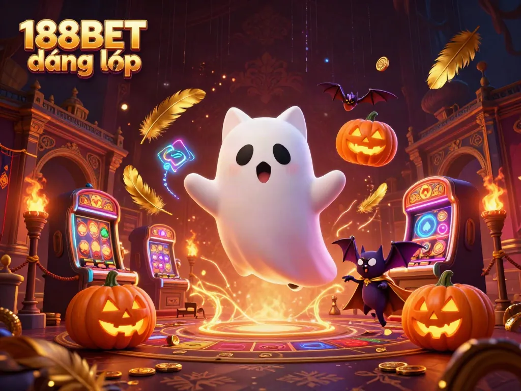 Experience the excitement of 188BET đăng nhập with a whimsical ghost cat and casino elements.