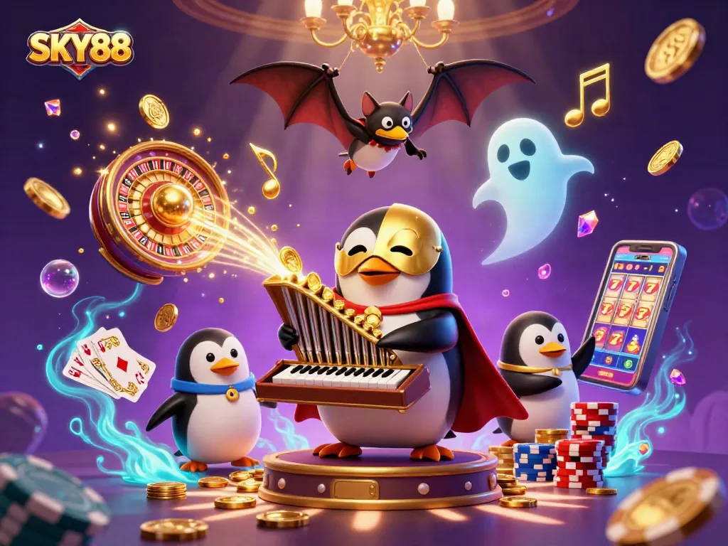 Engage in exciting gameplay at SKY88 with golden coins cascading and vibrant casino elements surrounding a charming penguin organist.