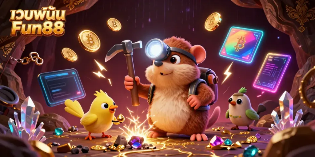 Experience the excitement of เว็บพนัน Fun88 with this vibrant online betting scene featuring a treasure hunter mole.